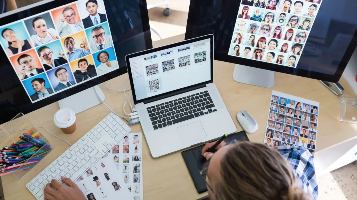 persona trabajando con varias computadoras