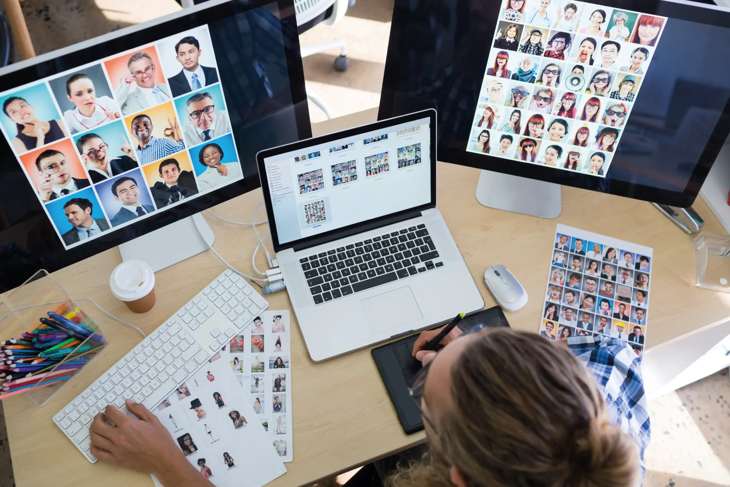 persona trabajando con varias computadoras