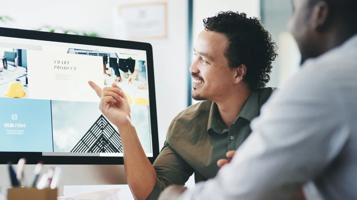 hombres revisando sitio web y señalando la pantalla