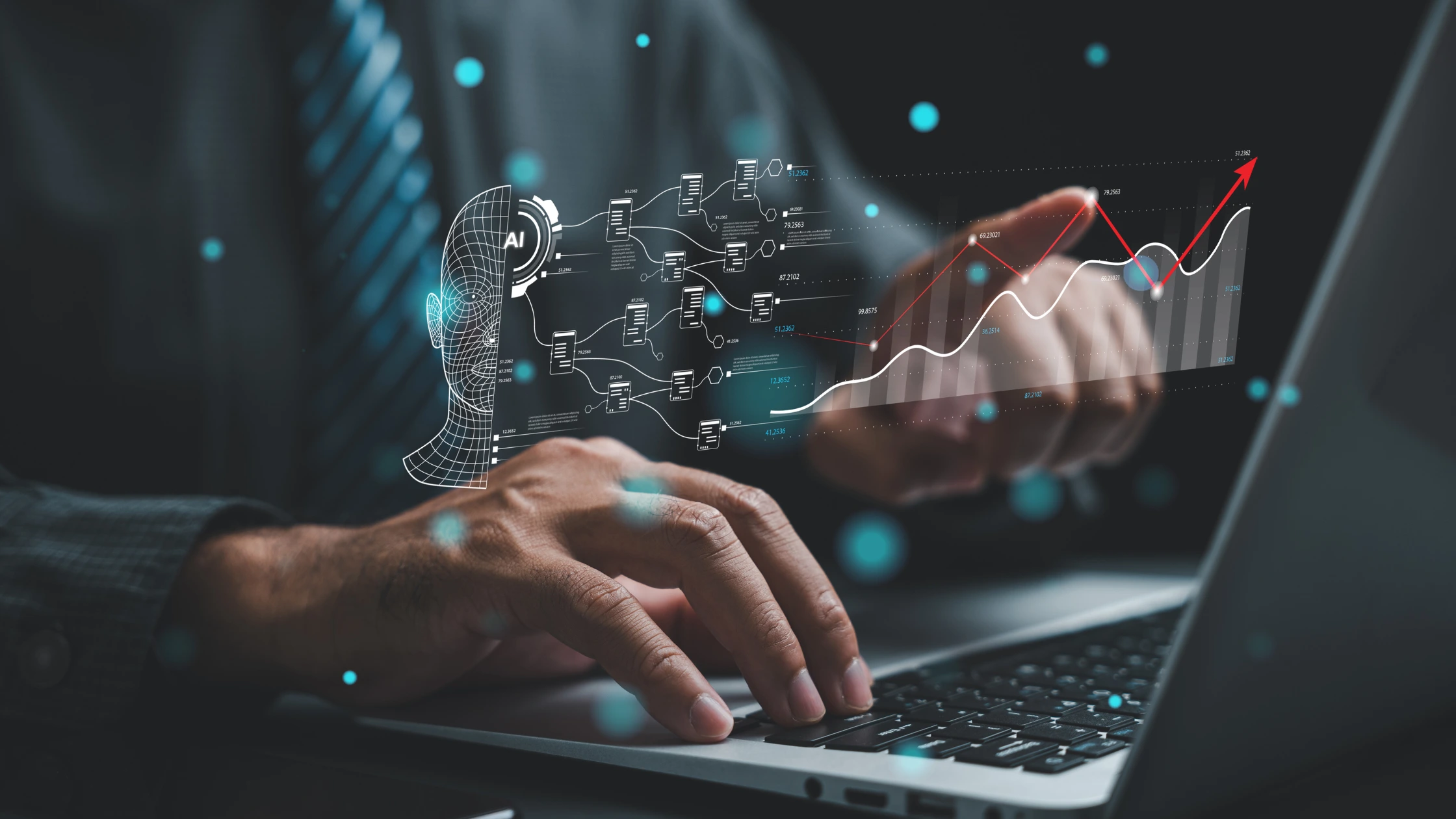 manos de hombre trabajando en laptop con herramientas de inteligencia artificial manos de hombre trabajando en laptop con herramientas de inteligencia artificial